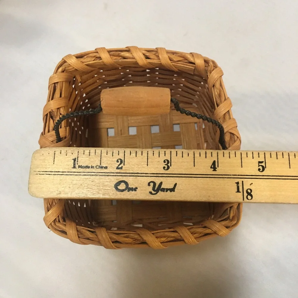 Miniature Woven Splint Basket Small Brown Rustic Wire Handle Decor Storage Boho
